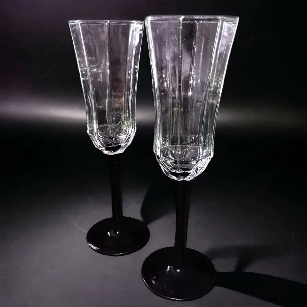 2 Luminarc Arcoroc Octime Domino Champagne Flutes Glasses France Set Black Stem.